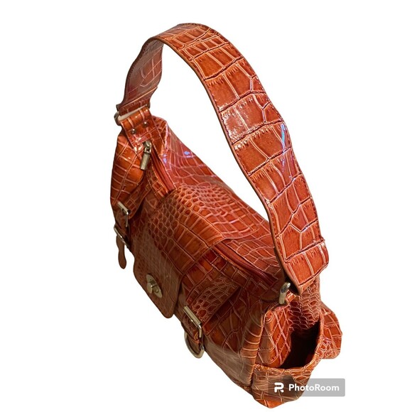 Orange Alligator Embossed Hobo Shoulder Bag Handbag Pockets Glossy Patent Finish - Picture 15 of 16